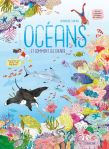 Couverture d'un livre intitulé 'Océans', illustrée avec des motifs colorés de la vie marine, incluant des poissons, des coraux et un oiseau volant au-dessus de l'eau.