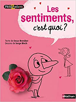 Couverture du livre 'Les sentiments, c'est quoi ?' avec un personnage cartoon tenant une rose, sur fond rose.