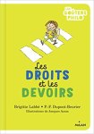 Couverture d'un livre intitulé 'Les droits et les devoirs', avec un fond vert et une illustration d'un enfant sur un chemin.