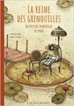 Couverture du livre 'La reine des grenouilles' illustrant une grenouille assise sur un quai avec un parasol, entourée de nénuphars.