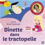 Couverture du livre 'Dînette dans le tractopelle' avec des illustrations colorées, montrant un homme et une femme jouant avec des jouets de cuisine.
