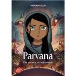 Couverture du livre 'Parvana : Une éducation en Afghanistan' mettant en avant une jeune fille portant un hijab avec un regard déterminé, entourée de paysages stylisés.