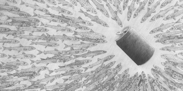 Une illustration monochrome représentant un cylindre au centre, entouré d'un grand nombre de poissons nageant dans des directions variées.