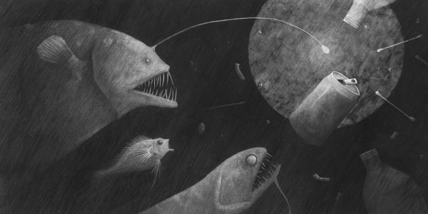 Illustration représentant des poissons dans l'obscurité, avec de grandes bouches et des dents acérées, tentant d'attraper un objet lumineux ressemblant à une canette, sous une lumière lunaire.