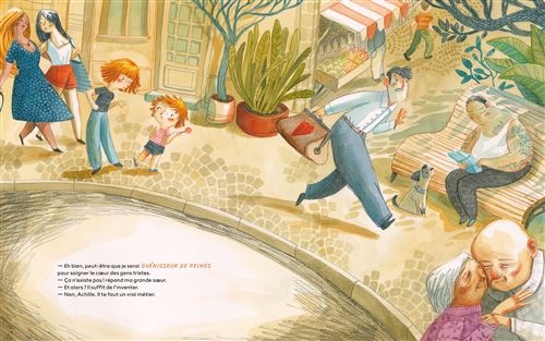 Illustration d'une place animée avec des personnes marchant, un enfant aux cheveux roux et un adulte en costume. Des plantes et des bancs ajoutent à l'ambiance. Au centre, une fontaine est entourée de personnages discutant.
