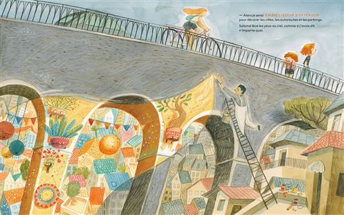 Illustration colorée d'un mur sur un pont, avec un artiste peignant des motifs en bas et des personnages se promenant en haut.