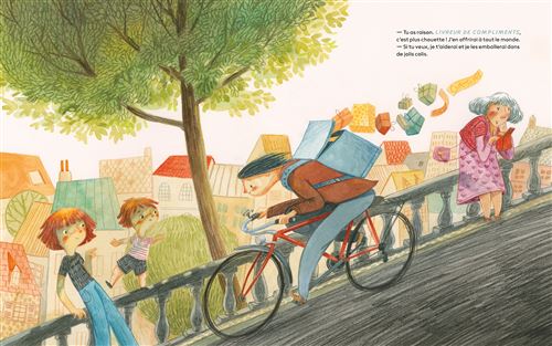 Une scène illustrée d'un homme à vélo transportant des colis, avec des enfants curieux le regardant, des maisons colorées en arrière-plan et un grand arbre.