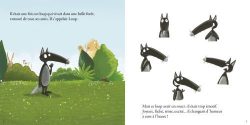 Un loup dans un champ avec des arbres au fond, entouré de dessins de différentes expressions du loup.