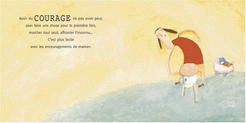 Illustration d'un enfant portant un sac à dos pendant que sa mère l'encourage, avec un fond coloré et un message sur le courage.