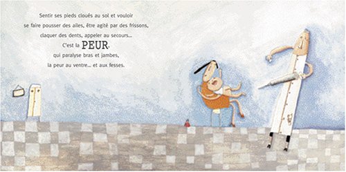 Illustration d'un personnage effrayé sur un sol en damier, avec un grand personnage représentant la peur, accompagnée de texte décrivant les sensations liées à la peur.