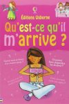 Couverture d'un livre intitulé 'Qu'est-ce qu'il m'arrive ?', montrant une jeune fille assise en tailleur, tenant un livre sur ses genoux, avec un fond rose et des illustrations colorées.