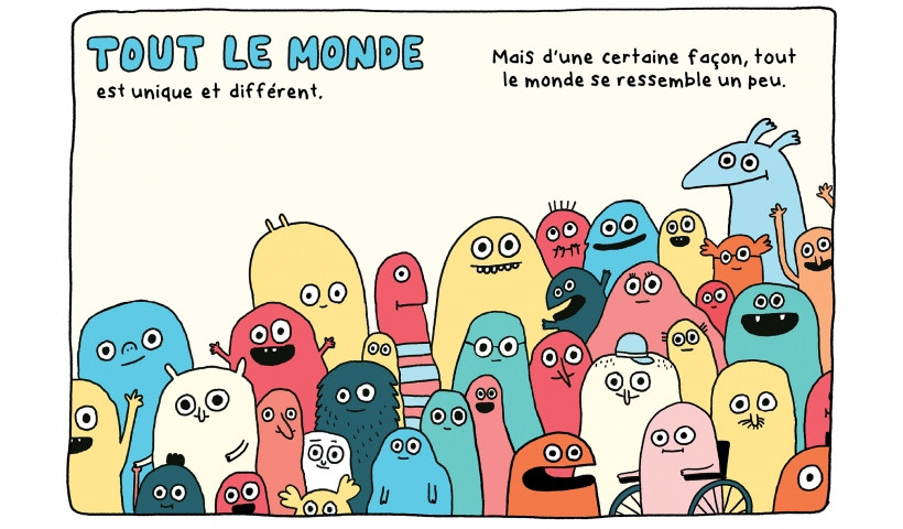 Illustration colorée de personnages variés avec différents visages et formes, accompagnée du texte sur l'unicité et les similarités entre les gens.