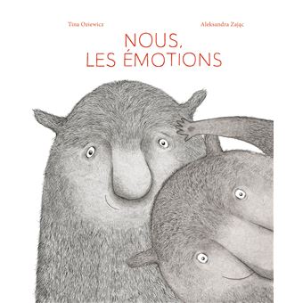 Couverture du livre 'Nous, les émotions' avec deux personnages anthropomorphes aux traits doux, l'un d'eux montrant une expression joyeuse tandis que l'autre semble curieux.