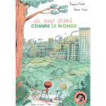 Couverture d'un livre intitulé 'On grandit comme le monde', illustrée avec des personnages devant un paysage urbain verdoyant.
