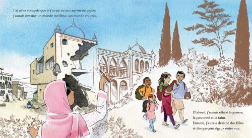 Une illustration montrant une fille en hijab qui observe un bâtiment endommagé à gauche, tandis qu'à droite, un groupe d'enfants marche ensemble dans un paysage positif et coloré.