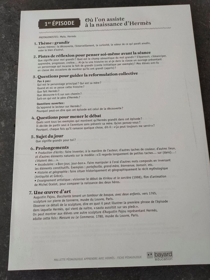 Document pédagogique sur l'épisode consacré à la naissance d'Hermès, comprenant le thème de la croissance et des pistes de réflexion pour l'enseignement.