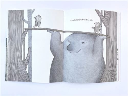 Un ours souriant soutenant un petit animal sur une branche, avec le texte "La confiance construit des ponts".
