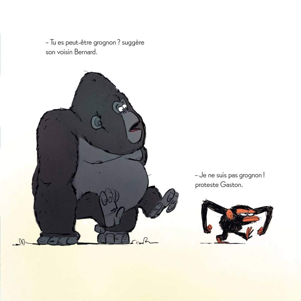 Une scène illustrée montrant un gorille et un petit singe. Le gorille, assis, a une expression de perplexité tandis que le petit singe proteste, suggérant un dialogue humoristique entre eux.