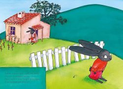 Illustration d'un lapin noir portant un pull rouge, dans un paysage verdoyant avec une maison aux murs roses et un jardin.