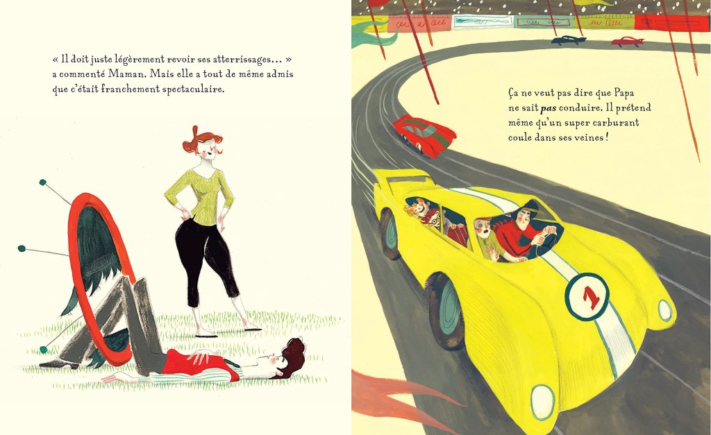 Une illustration montrant une femme discutant avec un homme allongé sur l'herbe, avec un cercle rouge en arrière-plan, et une scène de course automobile avec une voiture jaune et des personnages à l'intérieur.
