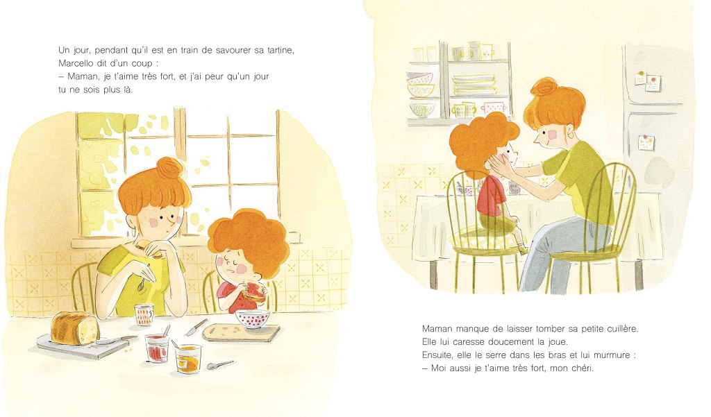 Illustration d'une mère et son fils assis à une table dans une cuisine, partageant un moment tendre. La mère écoute son fils qui exprime son amour, tandis qu'elle lui caresse la joue.