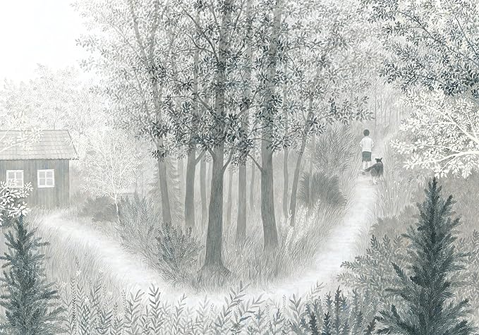 Un chemin sinueux à travers une forêt brumeuse avec un enfant et un chien marchant à côté d'une maison en bois.