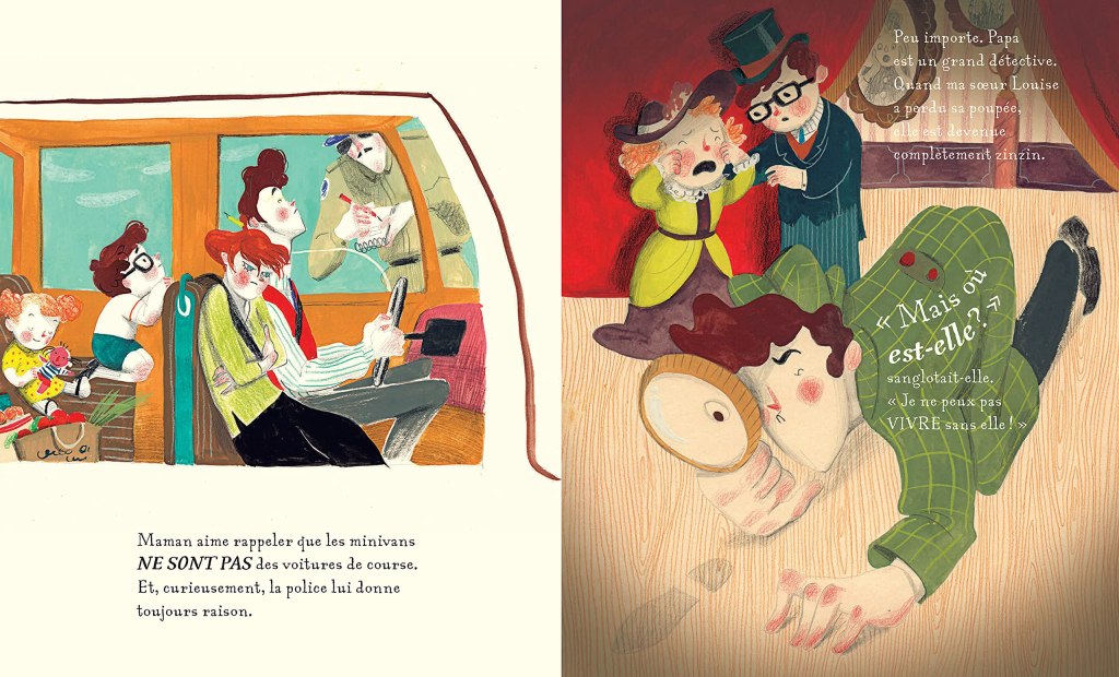 Illustration d'une scène dans un bus avec une mère et ses enfants, où on voit des interactions humoristiques entre les passagers.