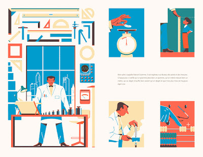 Illustration d'un scientifique en laboratoire, entouré d'instruments scientifiques et de logiciels, observant des éprouvettes. D'autres scènes mettent en avant des tests et expérimentations.