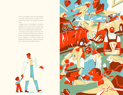 Illustration colorée représentant une scène dynamique avec des personnages divers, des voitures, et des éléments de la vie quotidienne. Un homme tient la main d'un enfant dans un cadre animé.