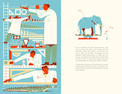 Illustration d'un laboratoire scientifique avec des chercheurs en blouse blanche, un éléphant sur une balance et des instruments de mesure.
