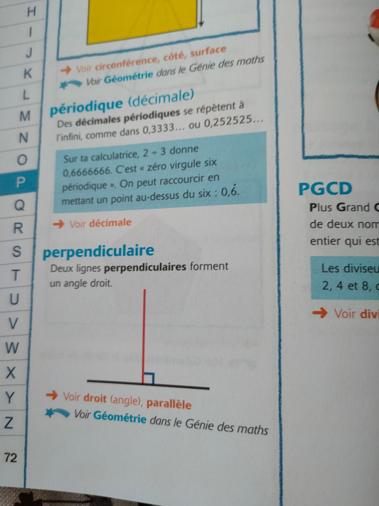 Page de manuel de mathématiques avec des définitions sur les décimales périodiques et les angles droits formés par des lignes perpendiculaires, accompagnées de schémas explicatifs.