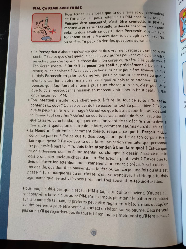 Texte en français sur la concentration et l'attention dans un livre éducatif.