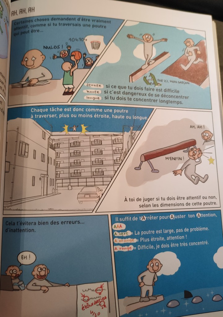 Illustration humoristique expliquant l'importance de la concentration, utilisant l'analogie d'une poutre à traverser de différentes dimensions.
