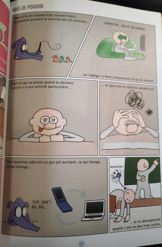 Une bande dessinée illustrant le thème de l'abus de pouvoir sur le cerveau par certaines activités, montrant un personnage absorbé par un écran pendant que ses neurones réagissent à des stimuli excitants.