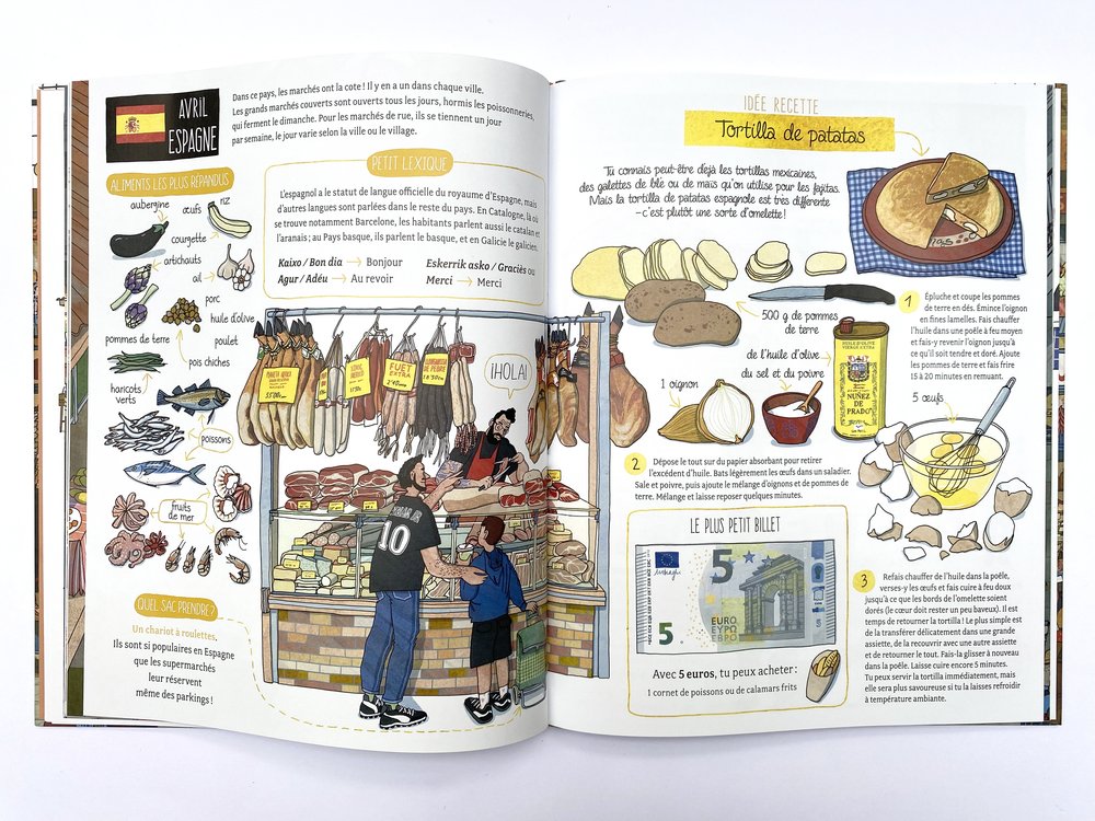 Page d'un livre présentant des marchés en Espagne avec illustrations d'aliments typiques comme des légumes, fruits de mer et viandes, ainsi qu'une recette de tortilla de patatas, accompagnée de vocabulaire en espagnol.