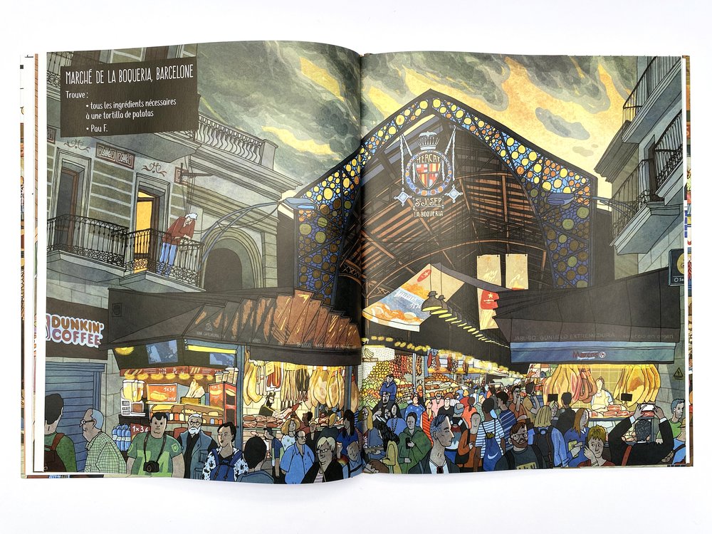 Illustration animée du Marché de la Boqueria à Barcelone, avec des étals de nourriture, des clients et l'architecture colorée du marché.