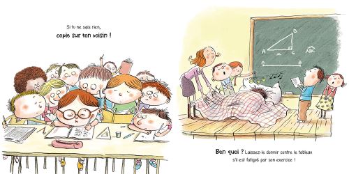 Une scène de classe animée, avec des enfants qui regardent un camarade au premier plan, tandis qu'un autre enfant est assis sous un tableau noir avec des dessins géométriques.