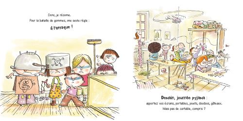 Illustration d'enfants déguisés, prêts pour une bataille de gommés, avec des accessoires amusants et un air déterminé.