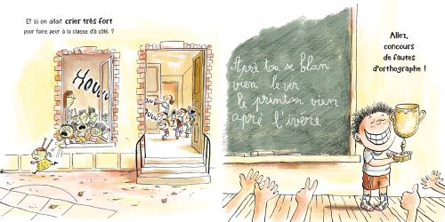Illustration d'un groupe d'enfants dans une salle de classe avec un enfant à l'extérieur qui crie fort. À droite, un enfant souriant tient un trophée, avec un tableau noir où sont écrites des phrases.