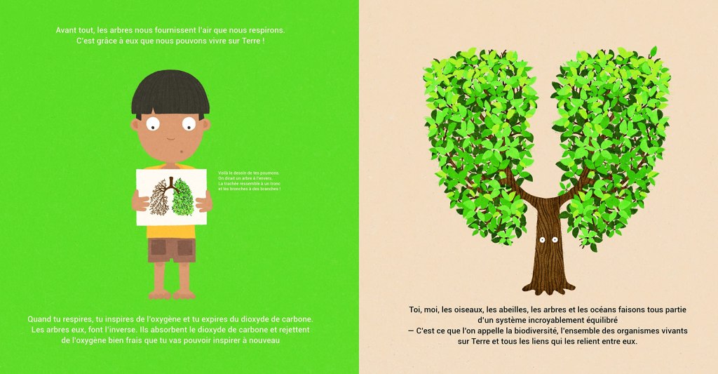 Un enfant tient une illustration montrant les poumons d'un arbre sur un fond vert, accompagné de texte expliquant l'importance des arbres pour l'air que nous respirons.