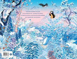 Illustration colorée avec des animaux et des paysages marins sur un fond bleu, incluant un manchot et des éléments de végétation.