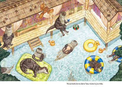 Scène de l'été montrant des loutres se détendant dans une piscine, jouant avec des jouets flottants et profitant du soleil.