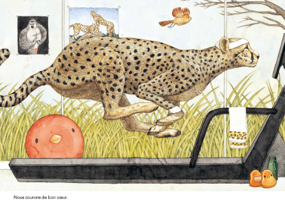 Un guépard courant sur un tapis de course avec un décor de nature, un gorille en poster au mur et divers petits animaux autour.