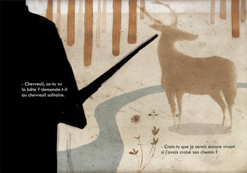Un chasseur avec un fusil se tient dans une forêt, en face d'un chevreuil. Des arbres sont visibles en arrière-plan, et un ruisseau serpente à travers le paysage. Du texte en français est intégré dans l'image.
