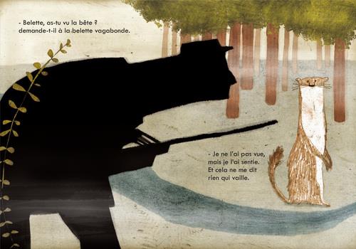 Un homme sombre avec un chapeau tenant un fusil discute avec une belette dans une forêt. Le texte montre une conversation sur la recherche d'une bête.