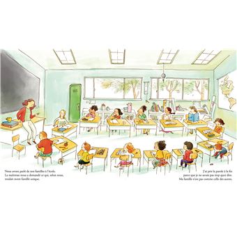 Illustration d'une salle de classe remplie d'enfants assis à des bureaux. Un enseignant(e) parle devant la classe, tandis que des enfants travaillent sur des projets artistiques. Des fenêtres laissent entrer la lumière et des plantes sont visibles à l'extérieur.