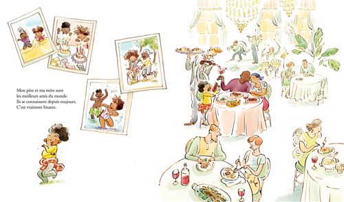 Une illustration colorée représentant des personnages dans un restaurant élégant, avec des familles partageant un repas, des photos sur les murs montrant des souvenirs joyeux, et un service attentif.