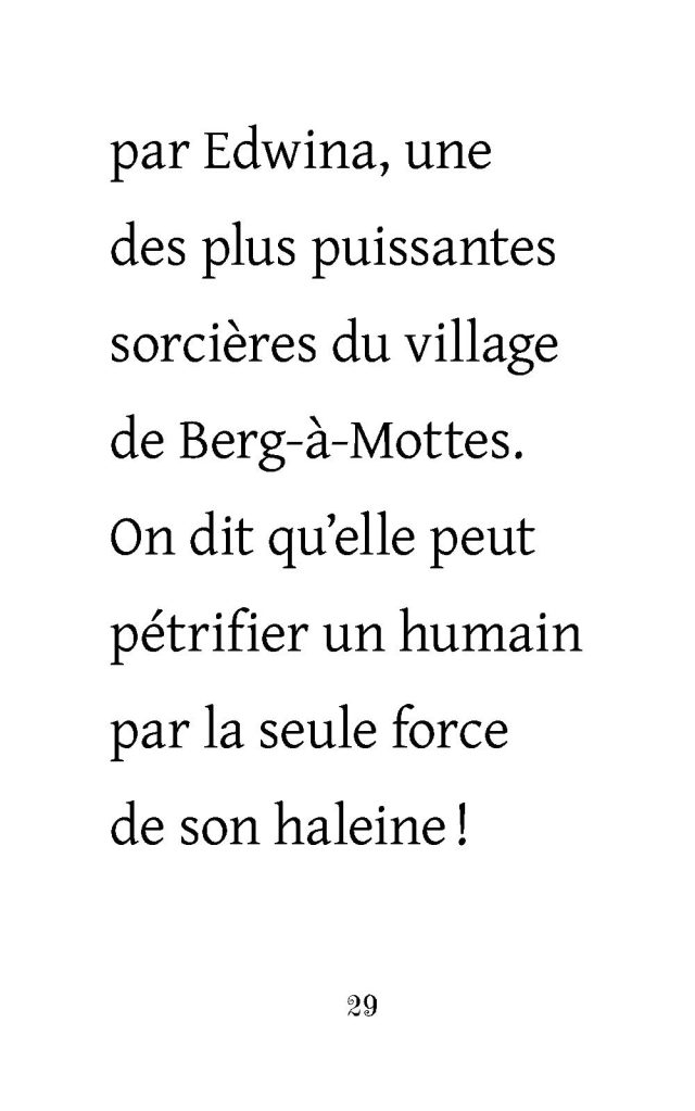 Texte extrait d'un livre mentionnant Edwina, une puissante sorcière du village de Berg-à-Mottes.