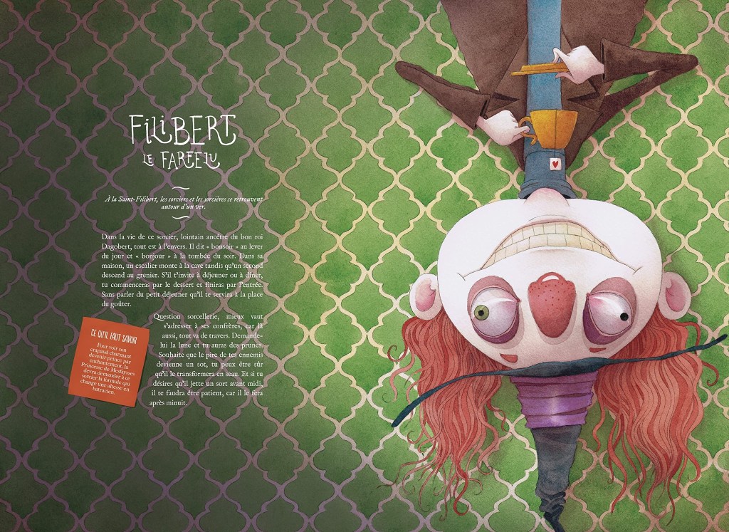 Illustration d'un personnage de livre intitulé 'Filibert le farfelu', suspendu la tête en bas dans un contexte coloré avec un fond vert à motifs.