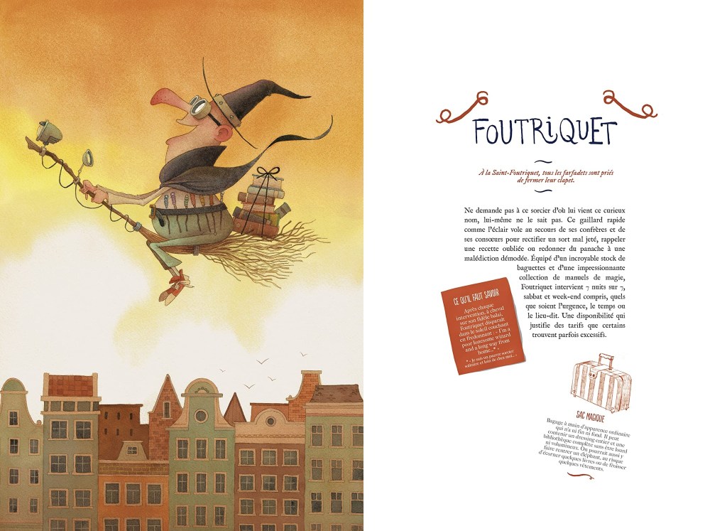 Illustration d'un sorcier chevauchant un balai, portant une robe noire et des lunettes, avec un sac rempli de livres attaché à son dos, sur fond de ciel orange et de silhouettes de bâtiments.